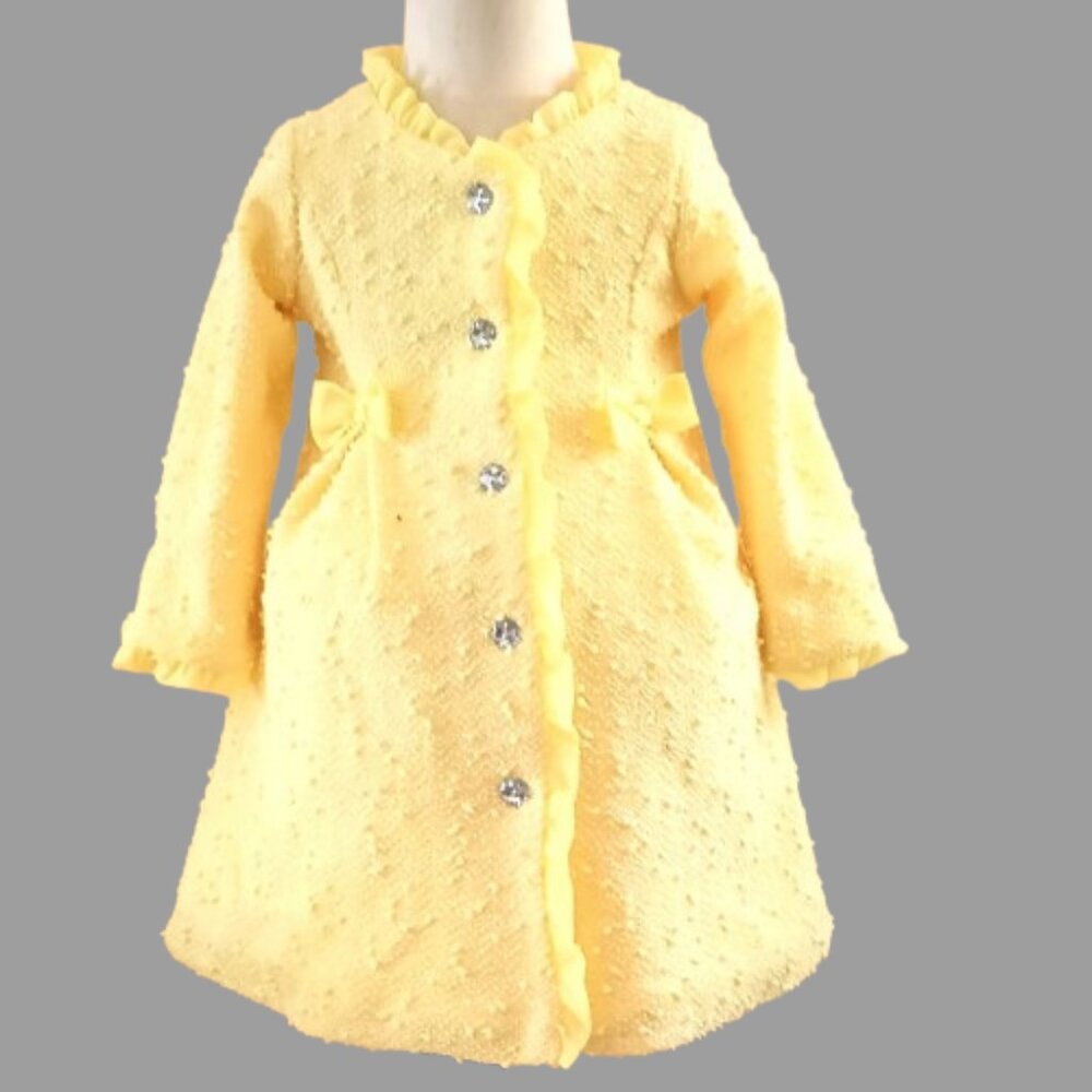 Girl's Textured Yellow Coat 24M Ruffle Trim Clear Sparkle Weaved Jacket